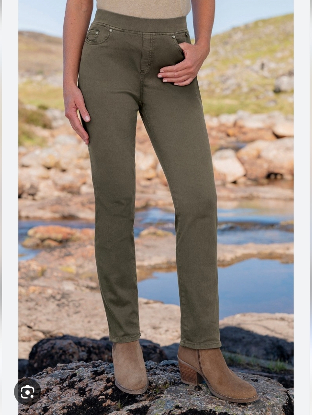LUXE denim slim straight leg Jeans Olive 4way Stretch 360 Comfort Pull On Sz L